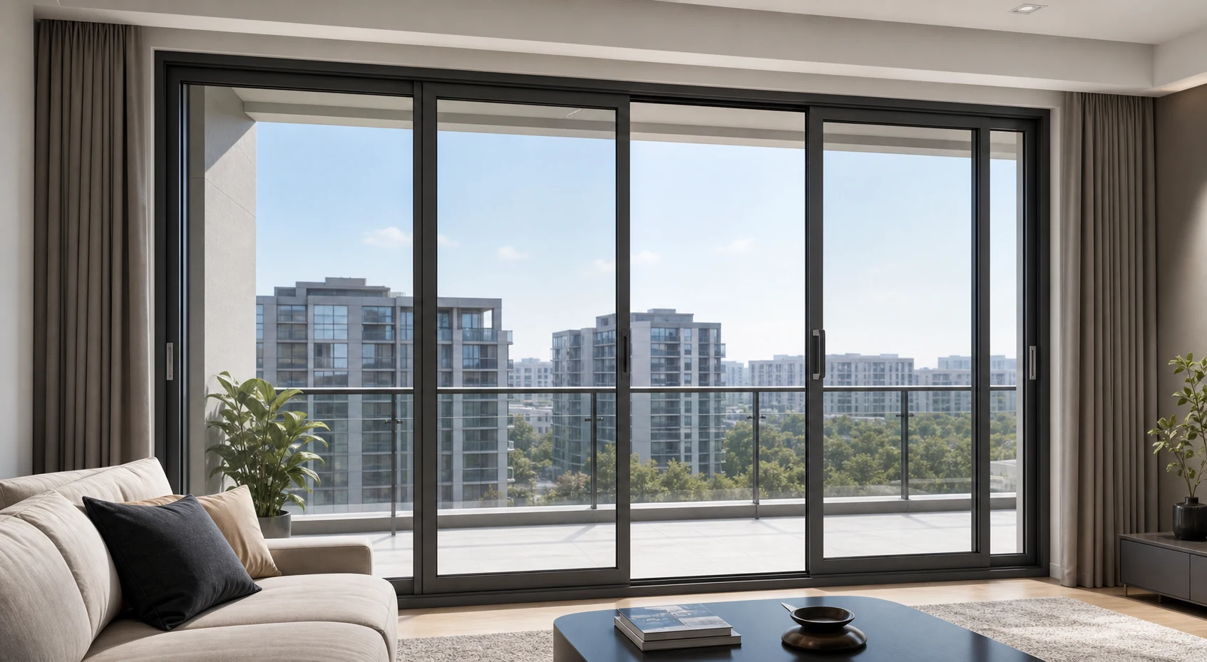 Dark aluminum 120-30 thermal break sliding windows in a modern apartment living room