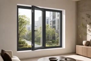 Dark aluminum 70 thermal break casement window in a modern apartment living room