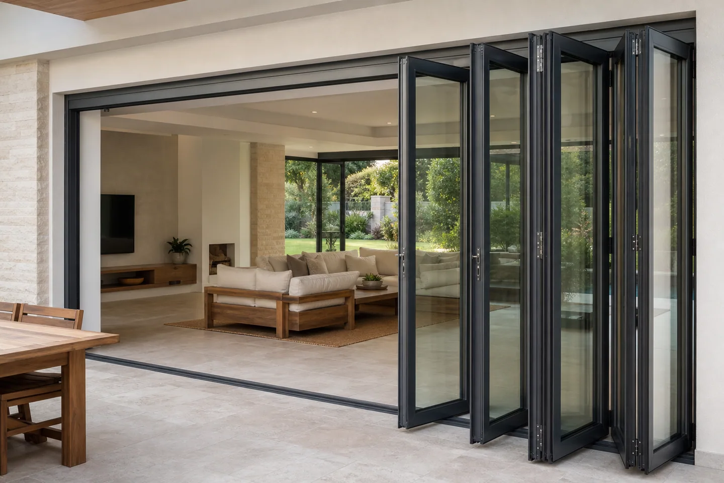 Dark aluminum bi-fold doors opening a villa living room to a covered terrace