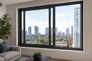 Dark aluminum sliding window installed in a modern high-rise apartment living room
