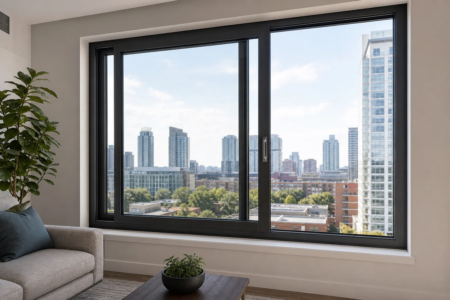 Dark aluminum sliding window installed in a modern high-rise apartment living room