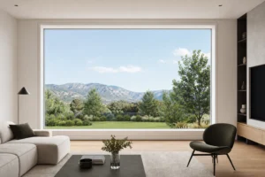Extra-large white aluminum fixed window installed in a bright contemporary villa living room