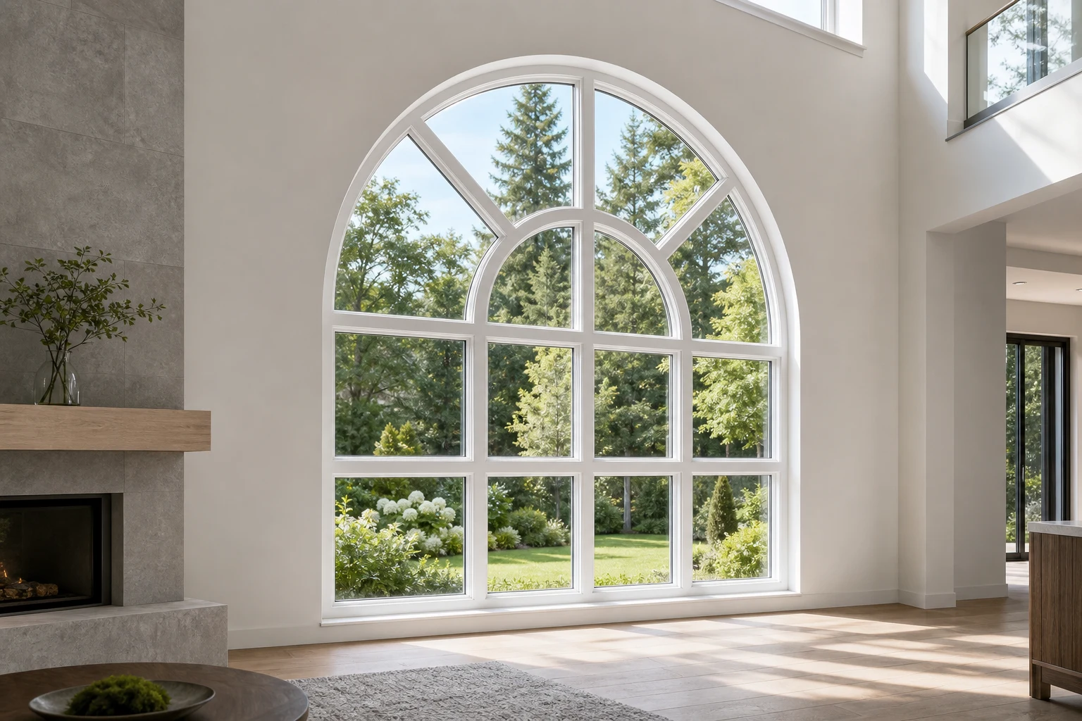 White RGNL-100Z style arched special shape aluminum window installed in a contemporary villa