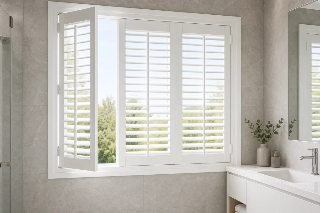 White RGNL-116-style aluminum louver shutter with adjustable horizontal blades in a modern bathroom