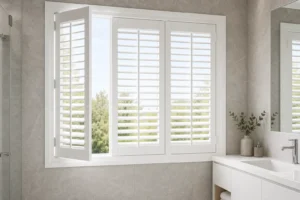 White RGNL-116-style aluminum louver shutter with adjustable horizontal blades in a modern bathroom