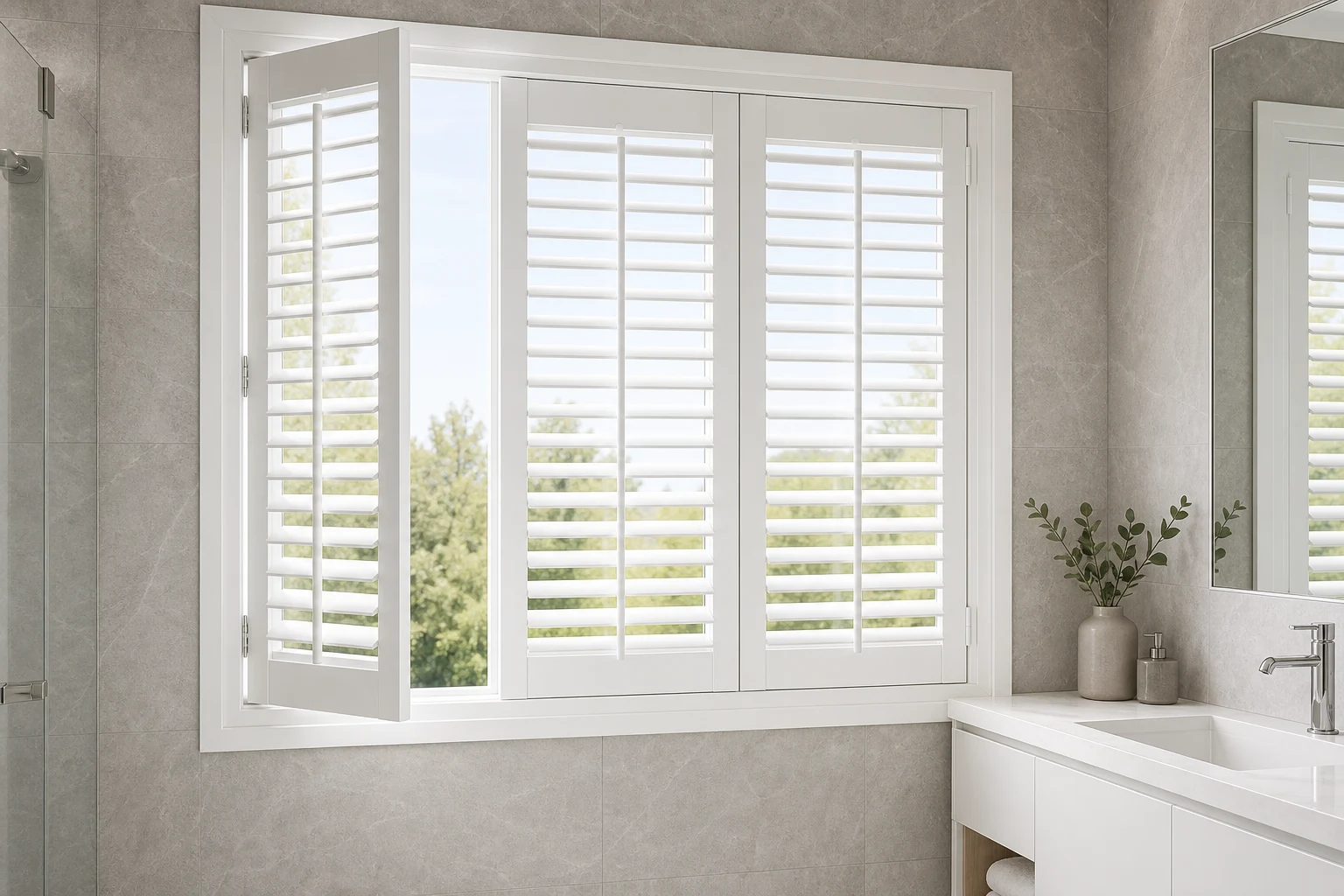 White RGNL-116-style aluminum louver shutter with adjustable horizontal blades in a modern bathroom