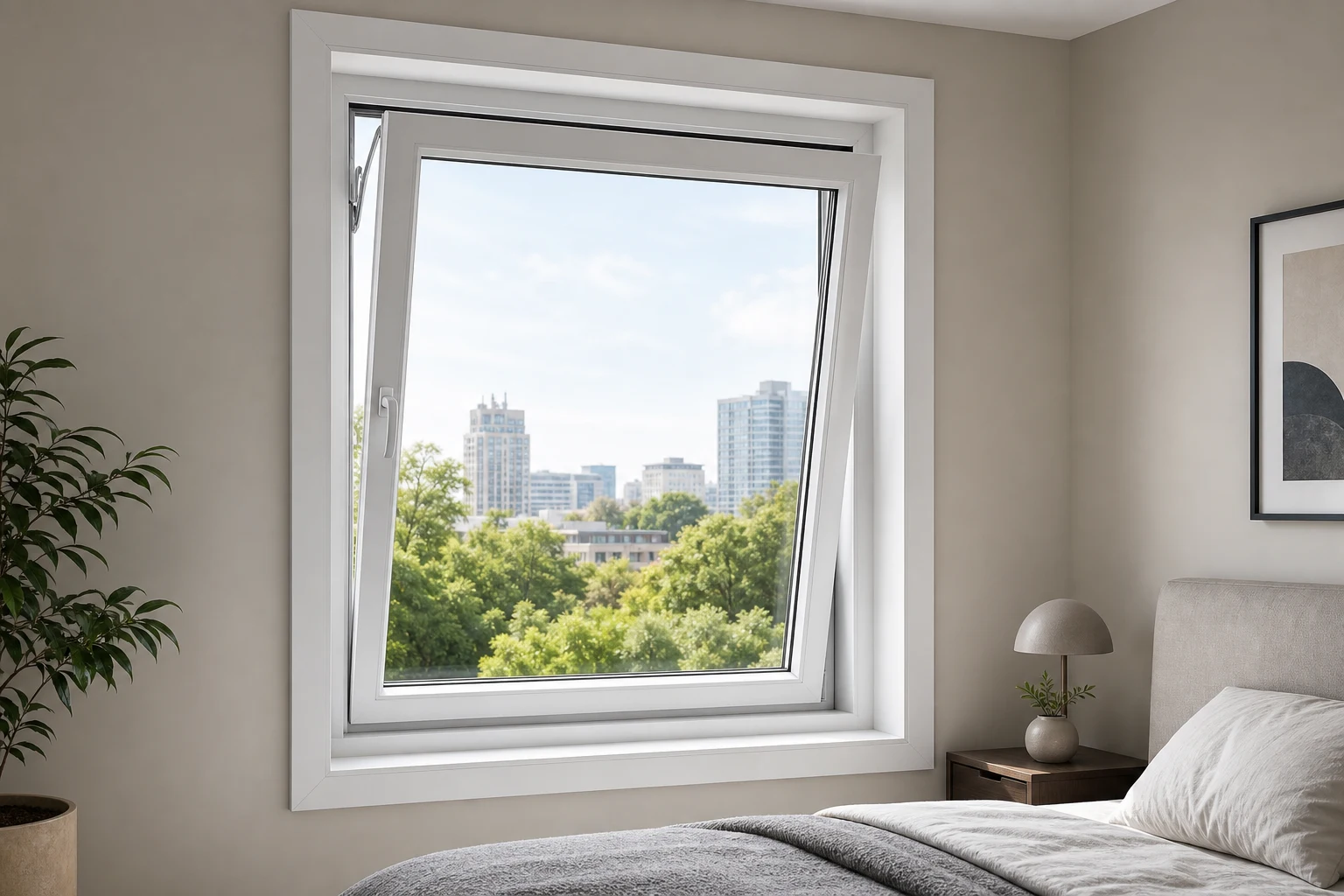White RGNL-116-style thermal-break aluminum tilt and turn window tilted inward in a modern bedroom