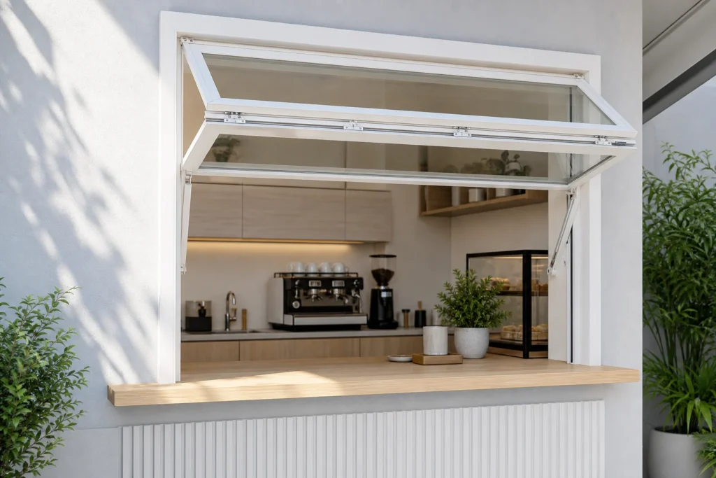 White RGNL-60 style manual vertical folding window installed above a cafe service counter