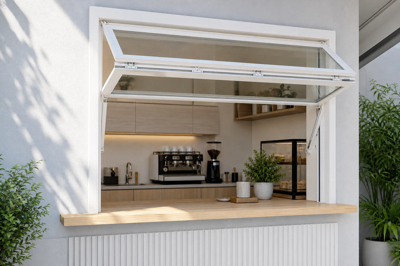 White RGNL-60 style manual vertical folding window installed above a cafe service counter