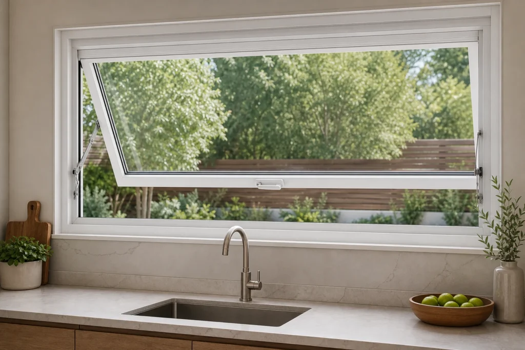 White RGNL-93 style thermal-break aluminum awning window open above a contemporary kitchen counter