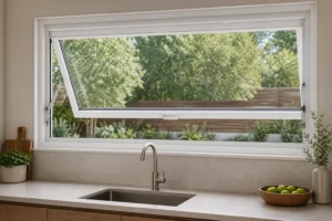 White RGNL-93 style thermal-break aluminum awning window open above a contemporary kitchen counter