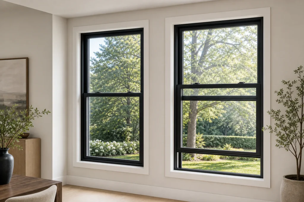 Black aluminum double-hung windows installed in a bright North American style residence
