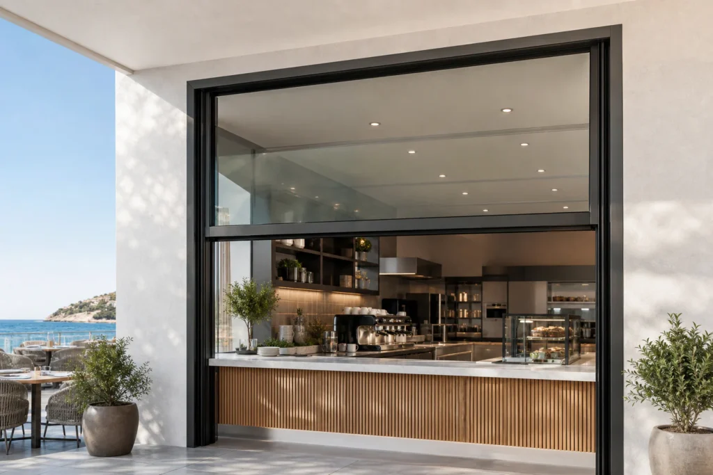 Large black aluminum electric lifting window opened vertically above a restaurant service counter