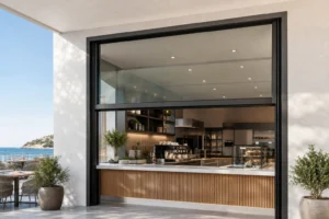 Large black aluminum electric lifting window opened vertically above a restaurant service counter