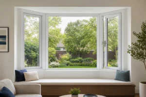 White three-section bay window with RGNL-style micro-ventilation inward-opening side units in a modern living room