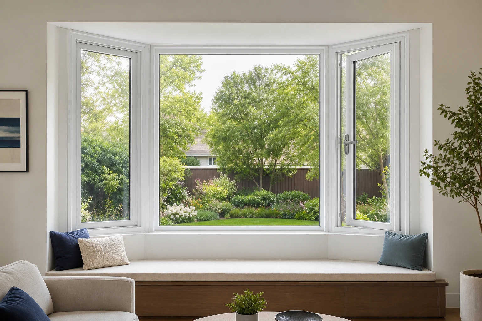 White three-section bay window with RGNL-style micro-ventilation inward-opening side units in a modern living room