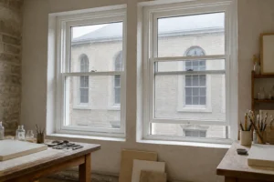 White double hung windows in an art conservation studio for China supplier research