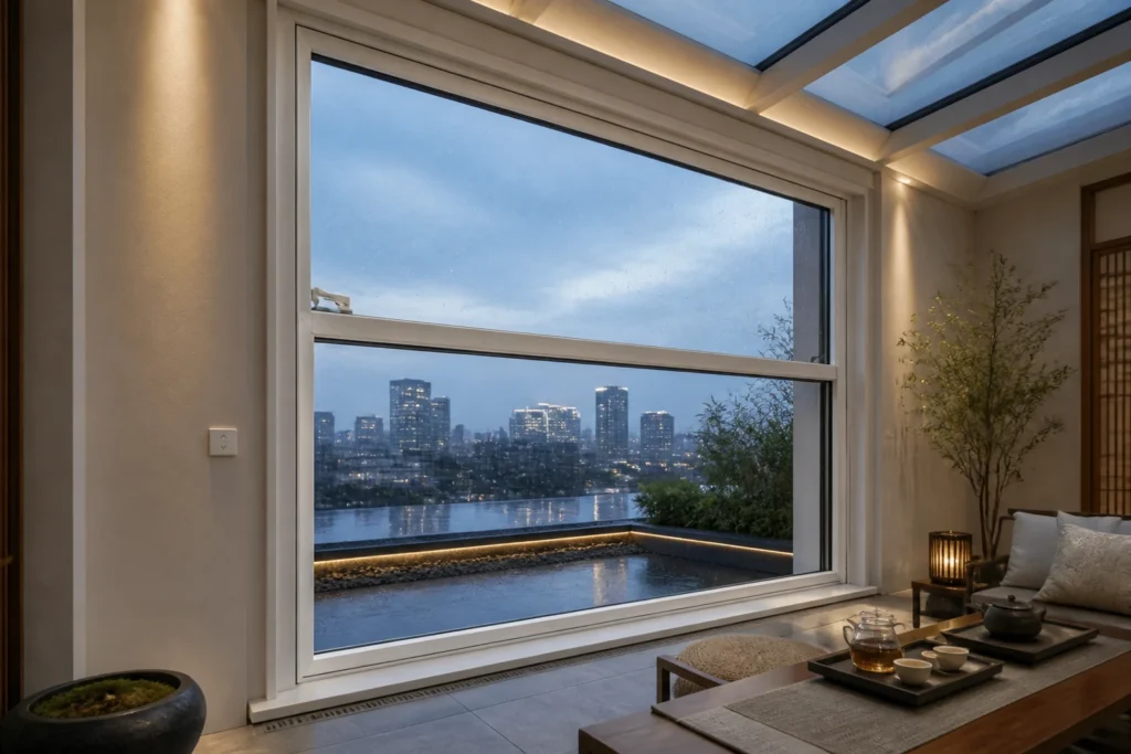 White electric lift window in a rooftop winter garden for China manufacturer import research