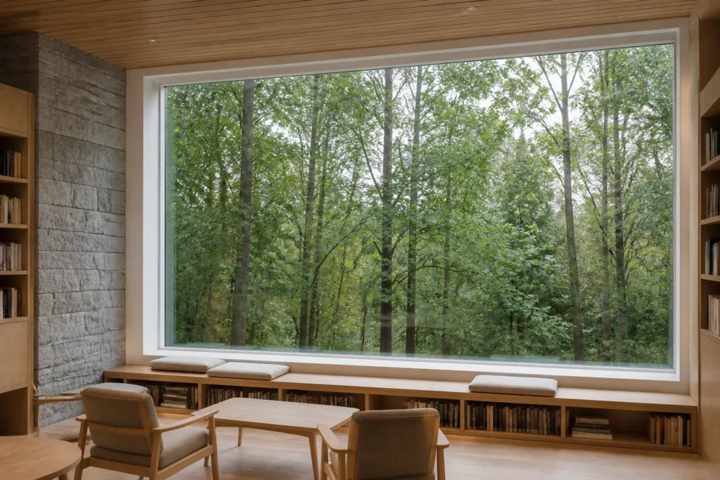 White fixed picture window in a woodland ecology center reading hall