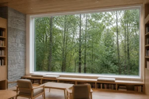 White fixed picture window in a woodland ecology center reading hall
