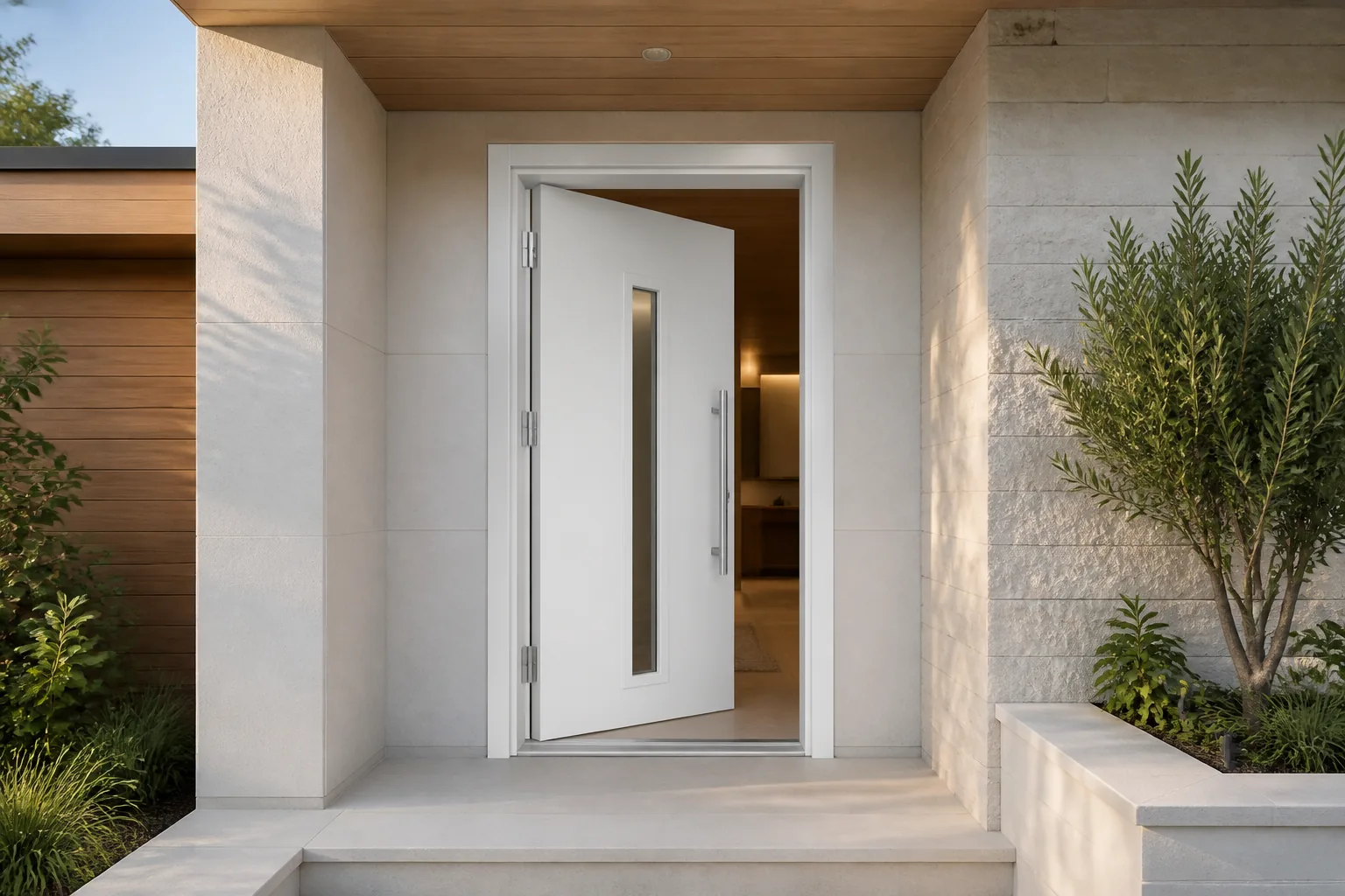 RGNL-100 White Aluminum Plate Entry Door Villa Application White RGNL-100 style heavy aluminum plate entry door with a narrow glass insert at a modern villa