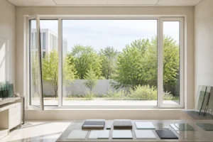 White RGNL-100P-style casement window in a glass review studio, illustrative application scene