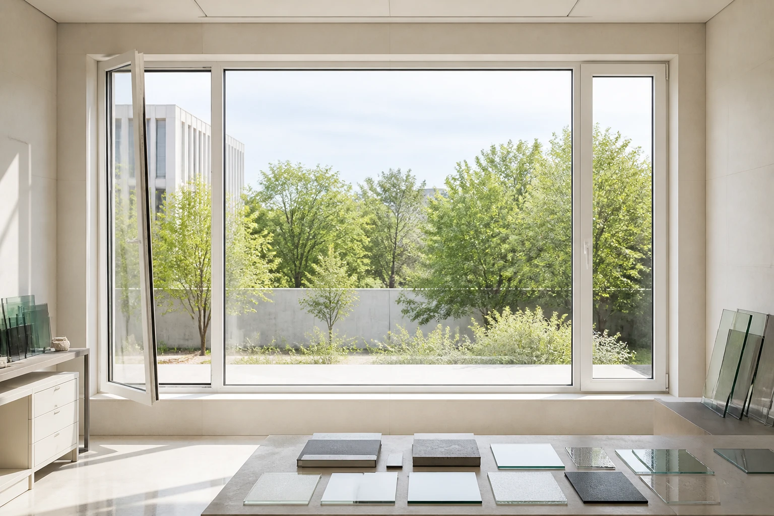 White RGNL-100P-style casement window in a glass review studio, illustrative application scene