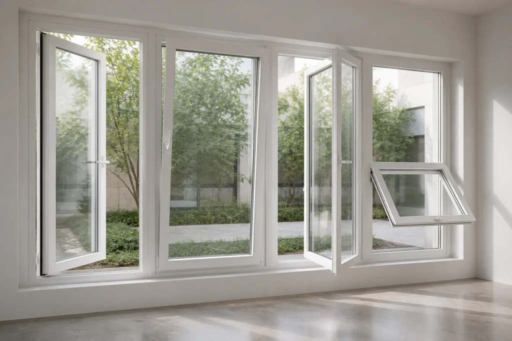 White RGNL-100P-style casement window opening-mode mock-up in an architect studio, illustrative application scene