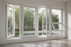 White RGNL-100P-style casement window opening-mode mock-up in an architect studio, illustrative application scene