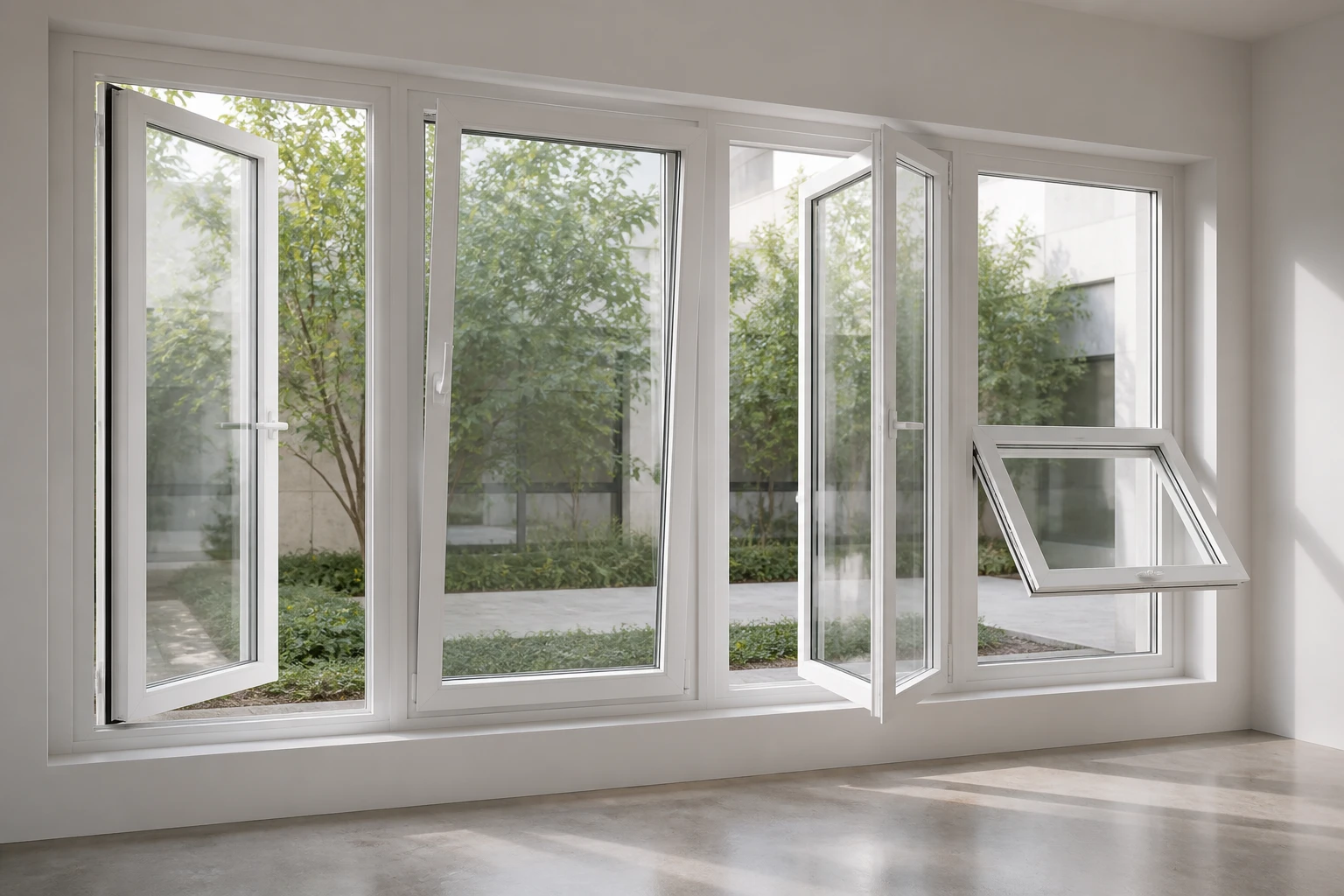 RGNL-100P White Casement Window Opening Modes Illustrative Scene White RGNL-100P-style casement window opening-mode mock-up in an architect studio, illustrative application scene