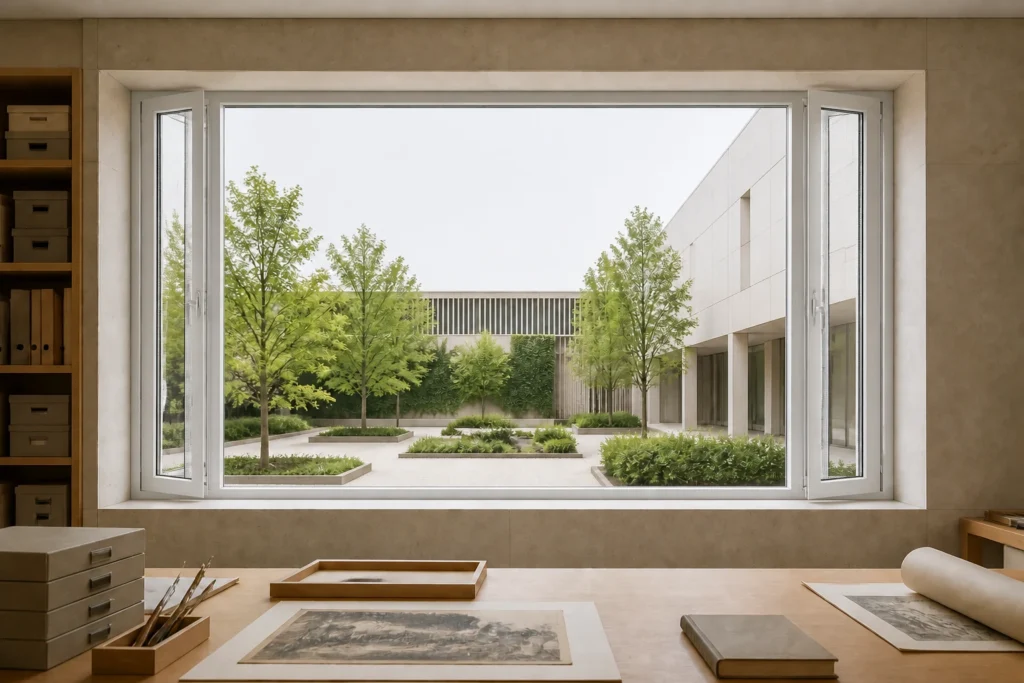 White RGNL-108 micro-ventilation window in an archive studio illustrative application scene