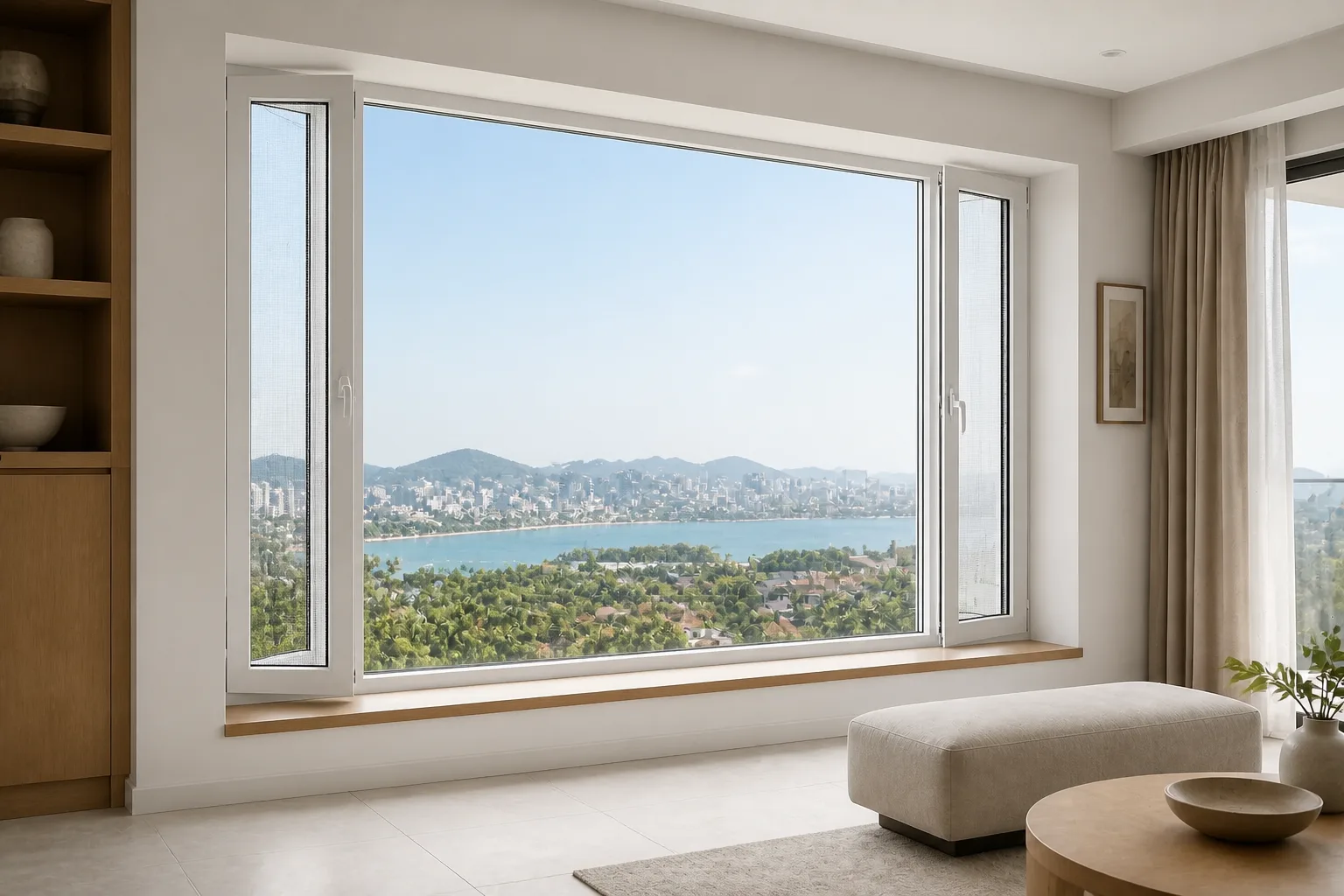 White RGNL-108 micro-ventilation window in a coastal apartment illustrative application scene