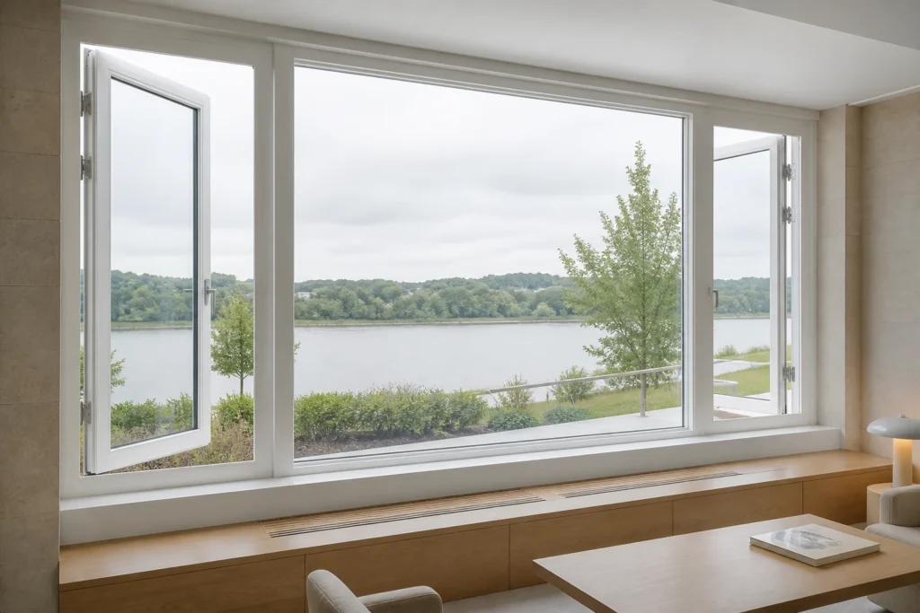 Illustrative application scene of a white RGNL-110 style casement window with two outward-opening sashes in a lakeside lounge