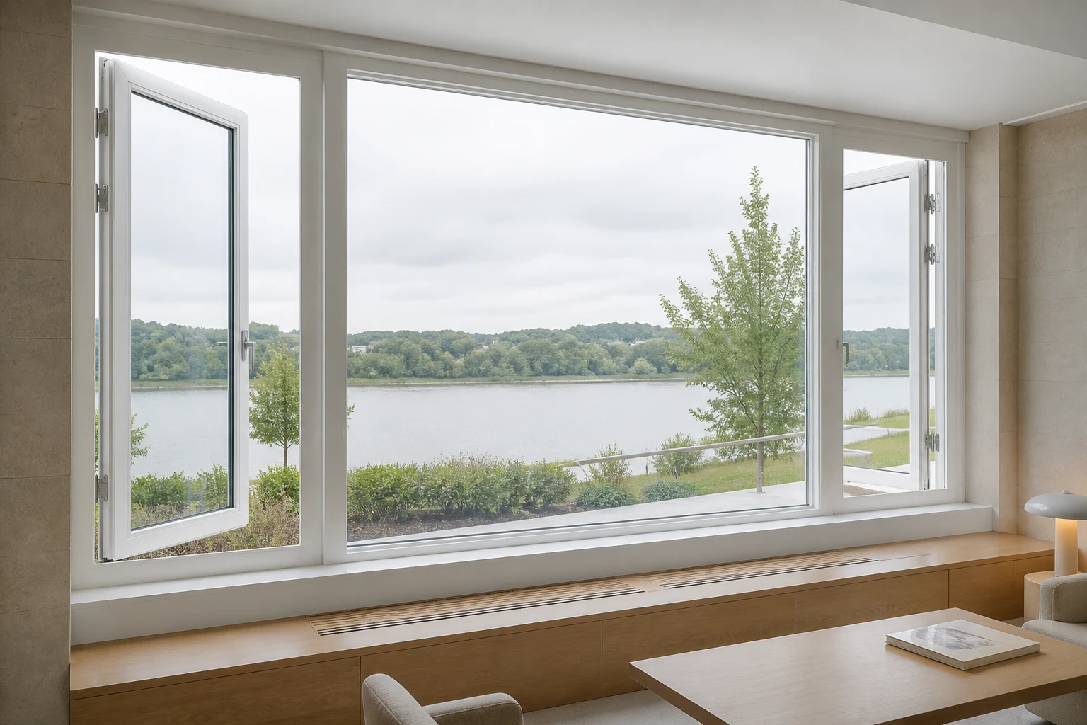Illustrative application scene of a white RGNL-110 style casement window with two outward-opening sashes in a lakeside lounge