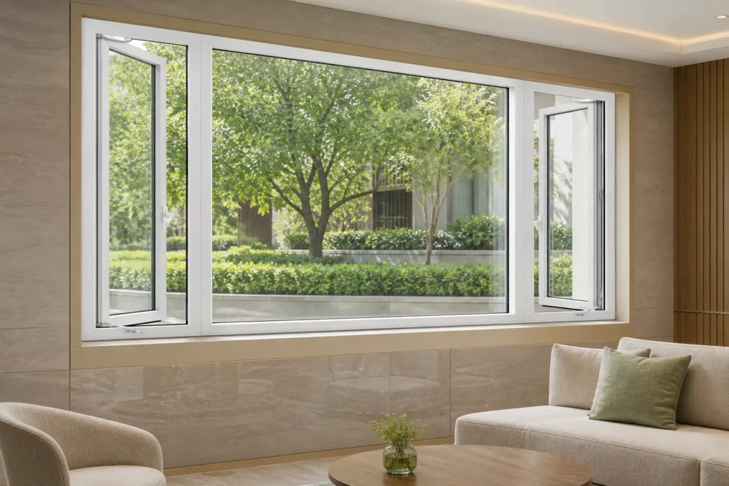 White RGNL-120 style electric horizontal pushing window with narrow side vents in a hotel lounge