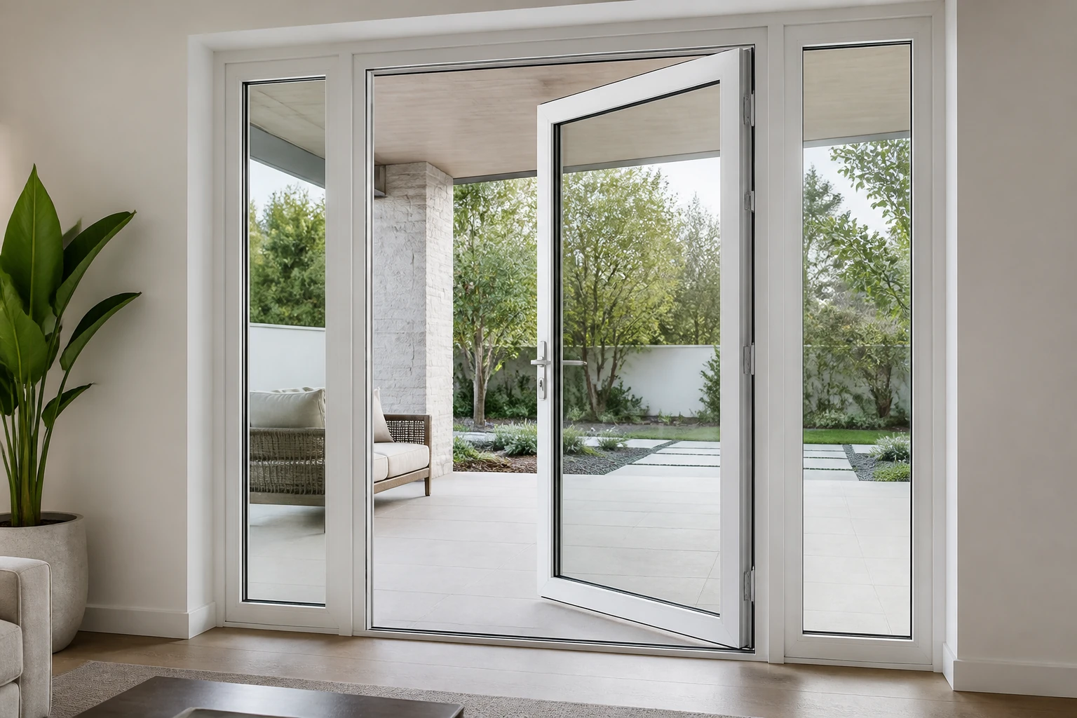 RGNL-120 White Casement Door Villa Application White aluminum RGNL-120 style glazed casement door open to a modern villa terrace