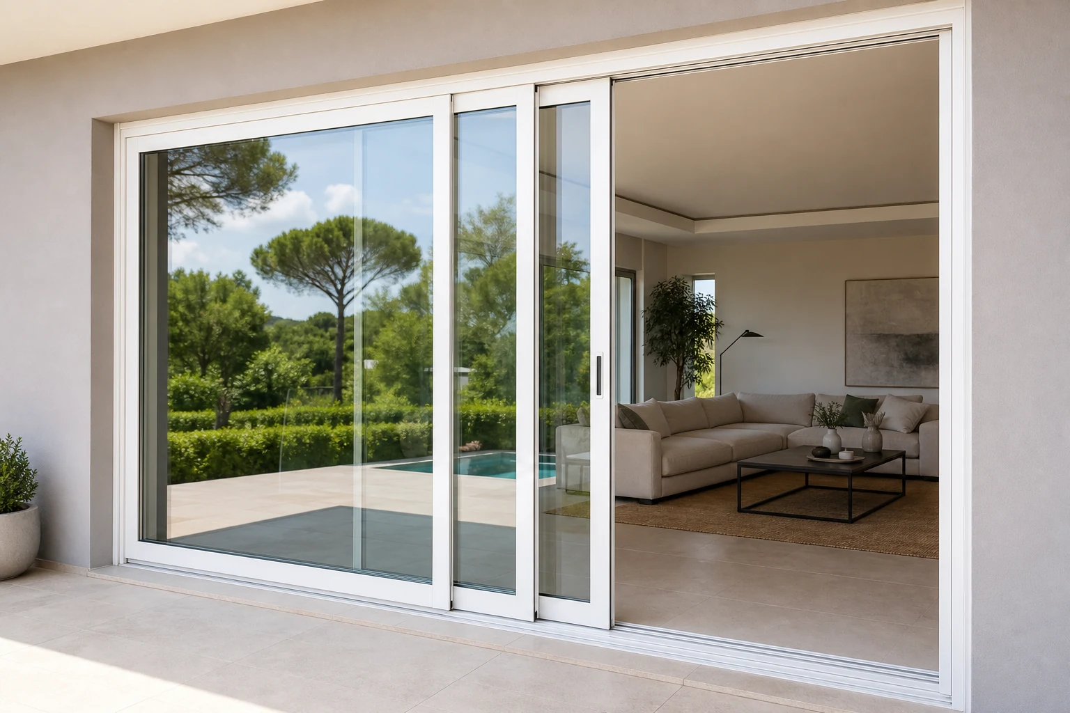 White RGNL-120 style outdoor sliding door connecting a modern living room and terrace