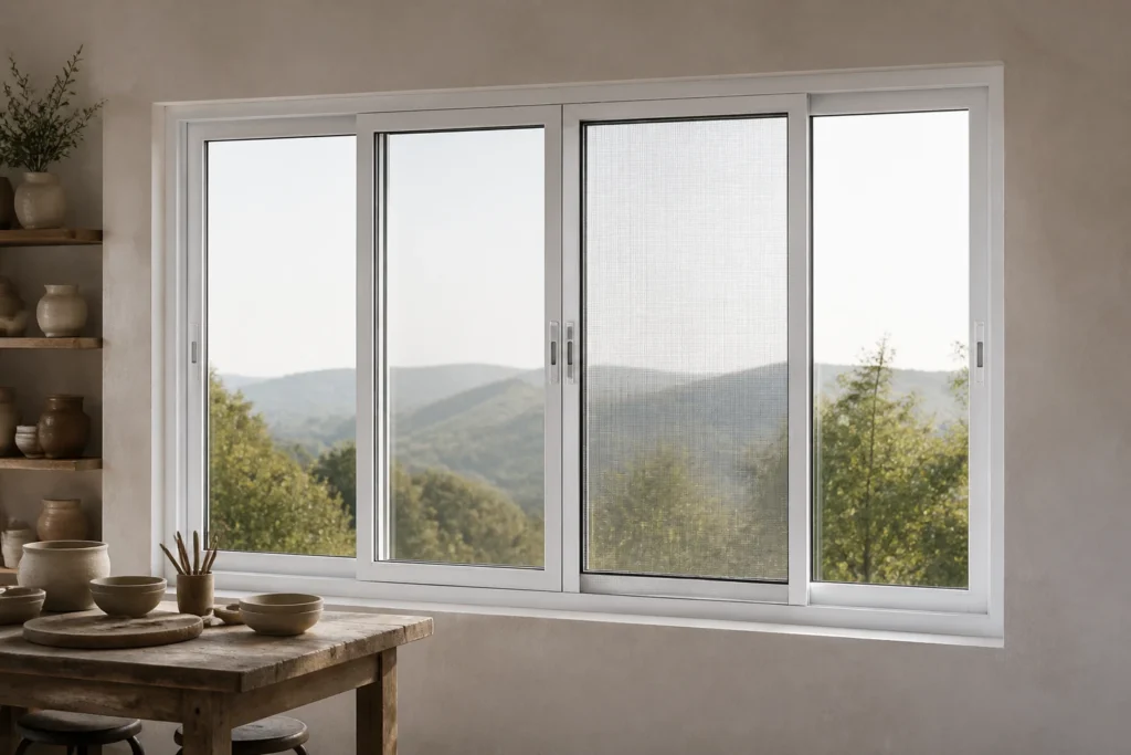 White RGNL-120 three-track sliding window with alloy mesh in an illustrative ceramics workshop scene