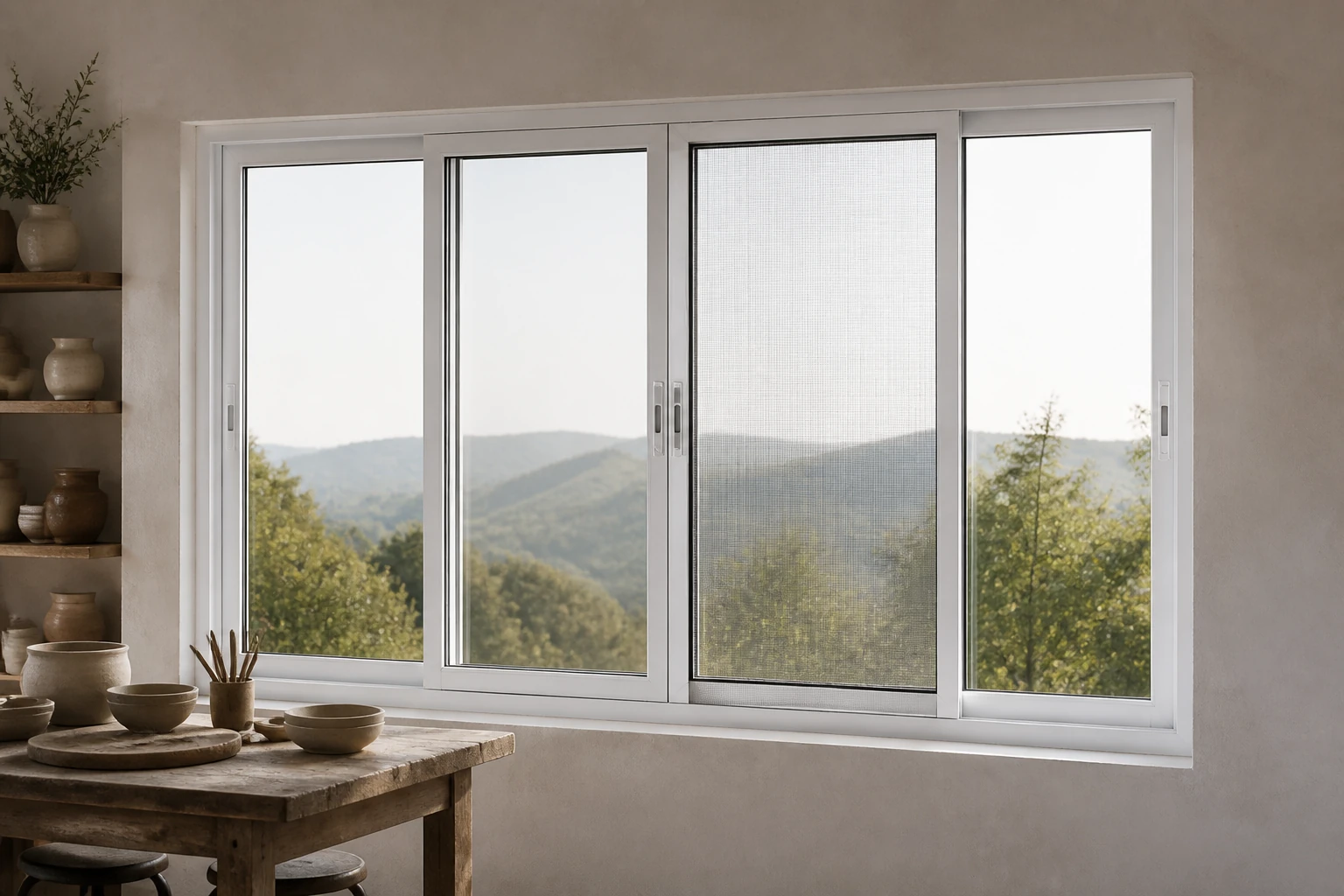 White RGNL-120 three-track sliding window with alloy mesh in an illustrative ceramics workshop scene