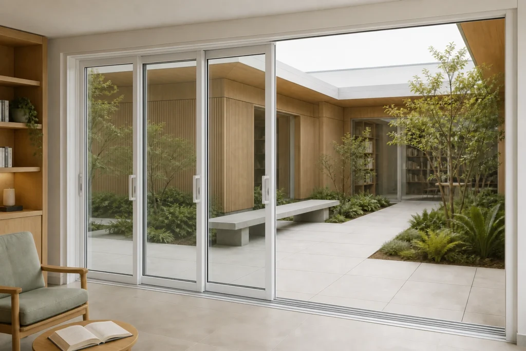 White RGNL-18 three-linkage sliding door with three panels partially open on a three-track threshold in a botanical pavilion
