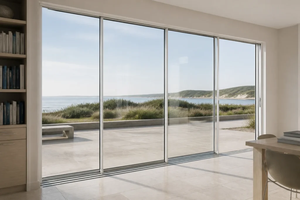 White RGNL-18 extremely narrow three-track sliding door with a low-track threshold in an illustrative coastal library scene