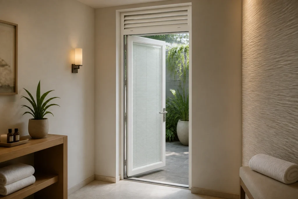 White RGNL-45 casement door in a spa courtyard illustrative application scene for China manufacturer installation review