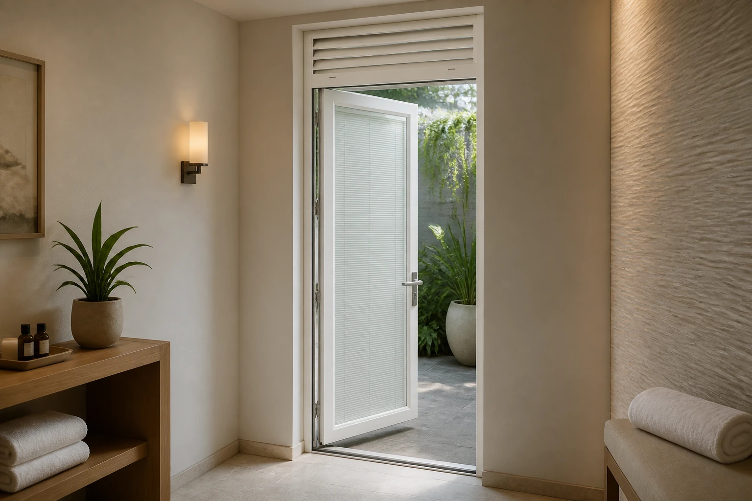 RGNL-45 White Casement Door Illustrative Installation Scene White RGNL-45 casement door in a spa courtyard illustrative application scene for China manufacturer installation review