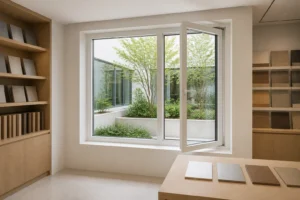 White RGNL-45-style casement window in a finish-sample library, illustrative application scene