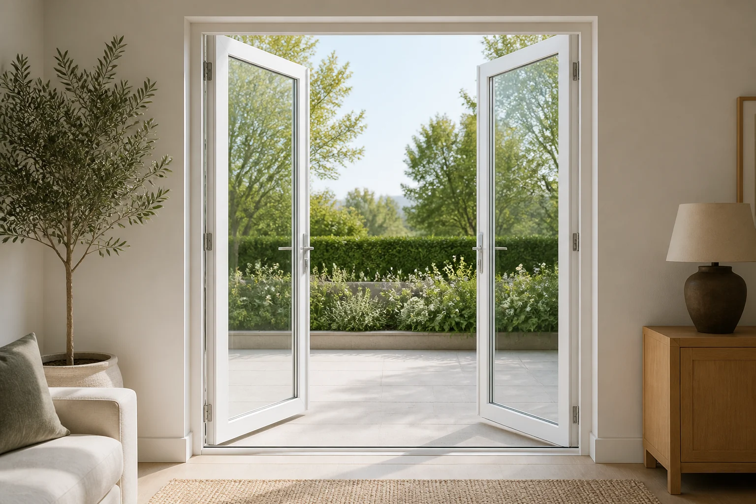 RGNL-45 White French Door Villa Application White aluminum RGNL-45 style double-leaf French door open to a landscaped villa terrace