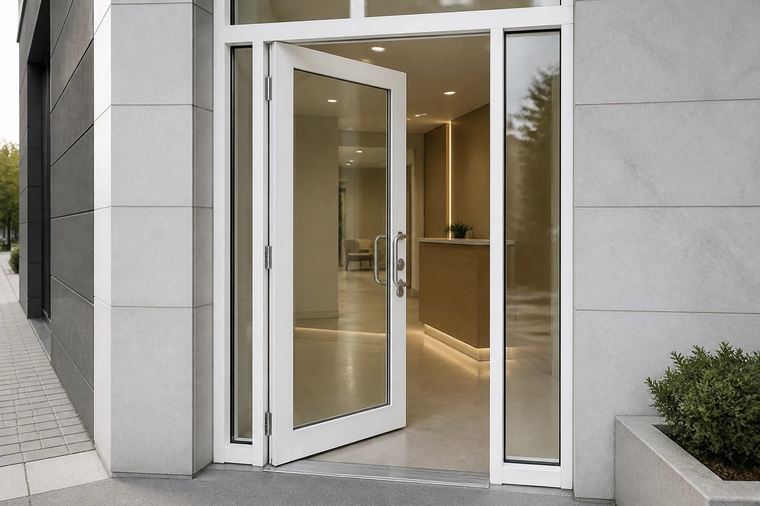 RGNL-70 White Commercial Gate Office Application White aluminum glazed RGNL-70 style commercial swing door at a modern office entrance