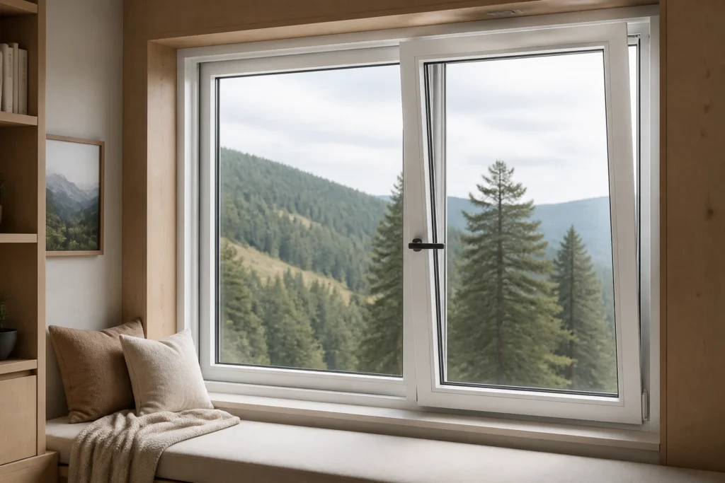 Illustrative application scene of a white RGNL-85 style sliding and tilt window in tilt ventilation mode inside a mountain reading alcove