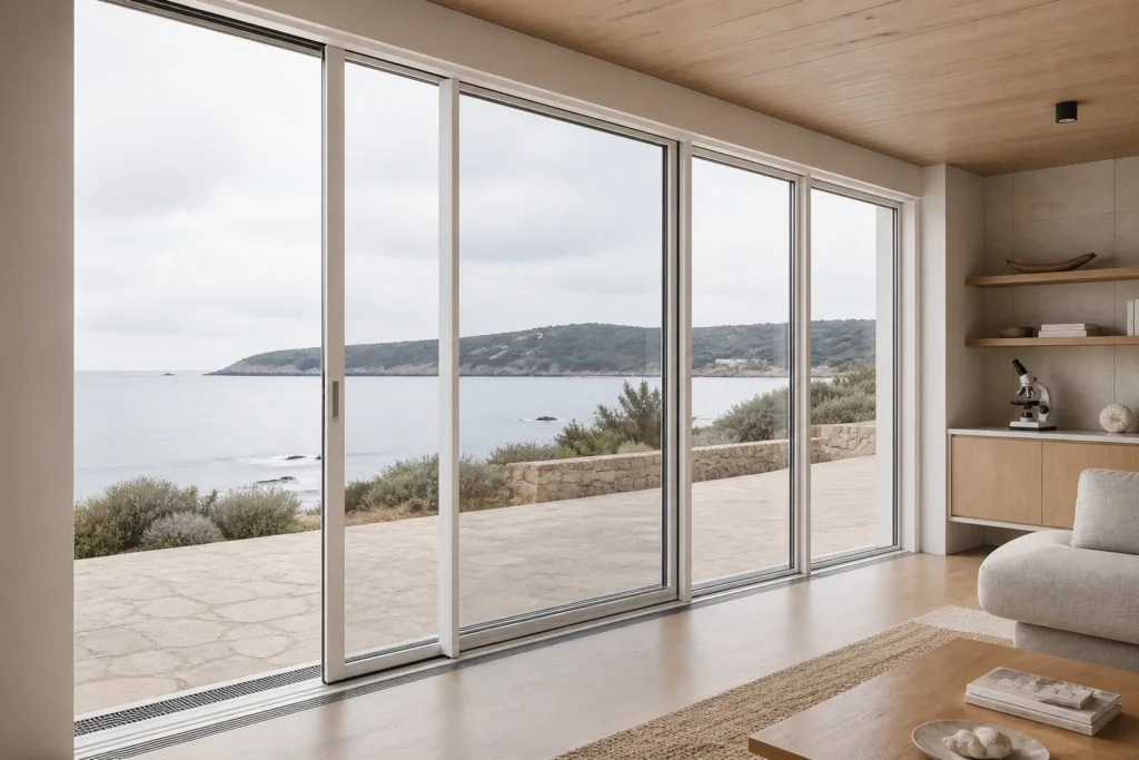 White RGNL panoramic sliding door with a flush multi-track threshold in a coastal observatory lounge