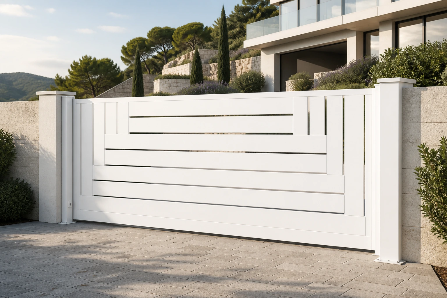 White Aluminum Gate Hillside Villa Illustrative Scene White aluminum sliding gate at a fictional hillside villa entrance, illustrative application scene