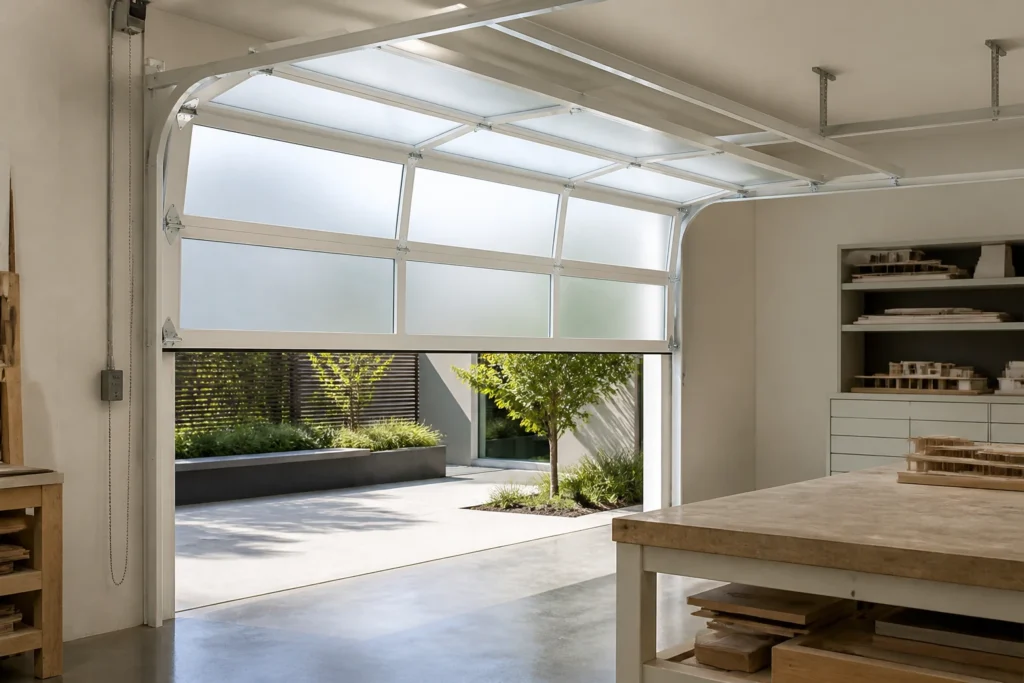 White automatic glazed sectional garage door in a model workshop illustrative application scene
